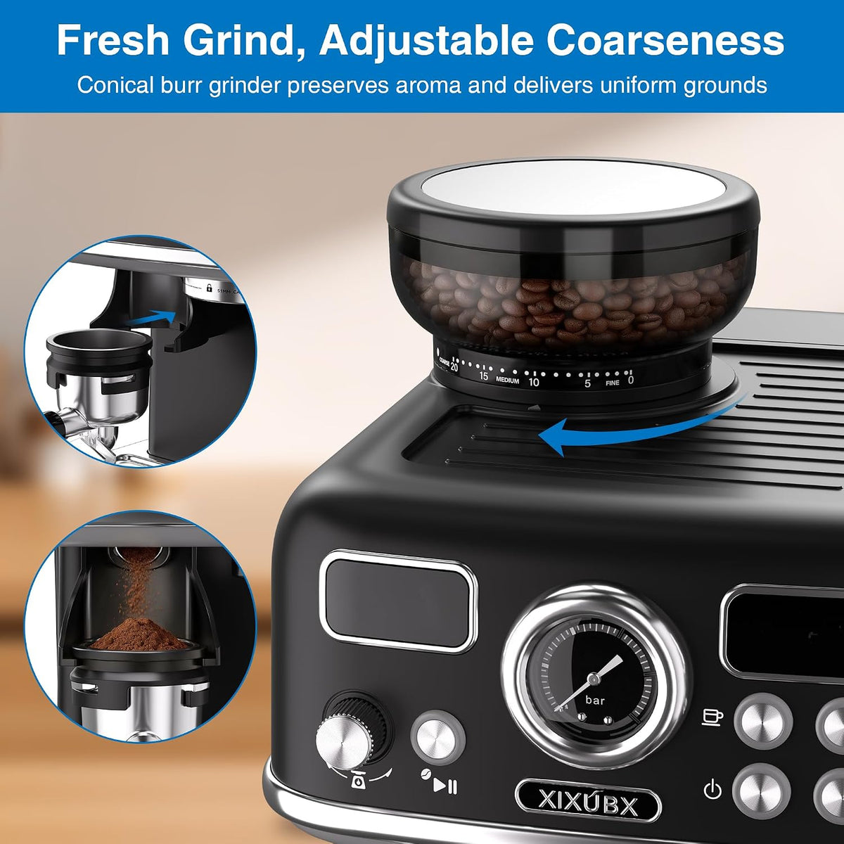 XIXUBX Espresso Machine with Grinder, PID & Programmable Settings, Black