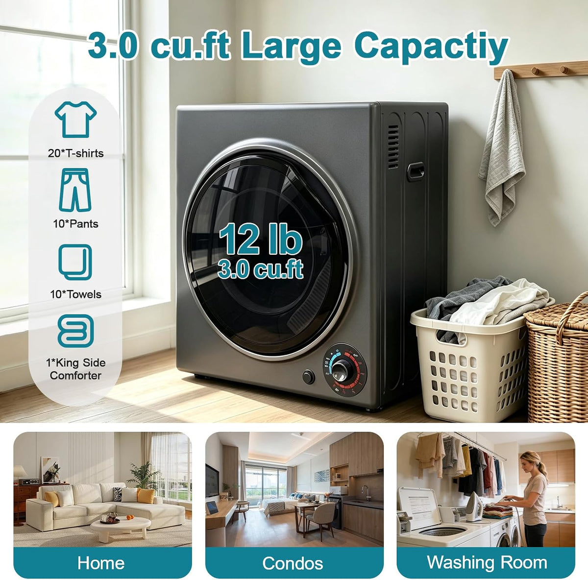 Portable Dryer for Clothes, 1500W Dryer, 4 Drying Mode