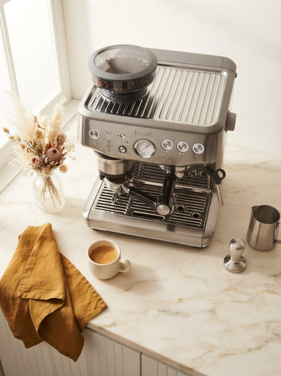 Breville Barista Express Impress machine on a cream marble surface with espresso accessories and warm ochre accents.